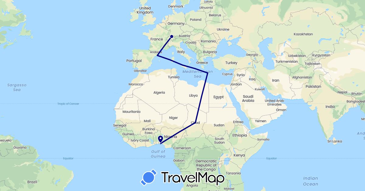 TravelMap itinerary: driving in Switzerland, Spain, Greece, Italy, Nigeria, Chad (Africa, Europe)